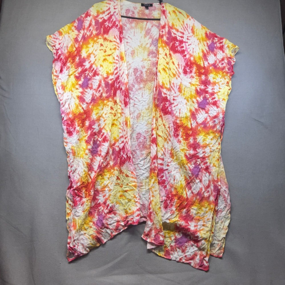Torrid Kimono Cardigan Women 0 Pink Yellow Tie Dye Rayon Open Front